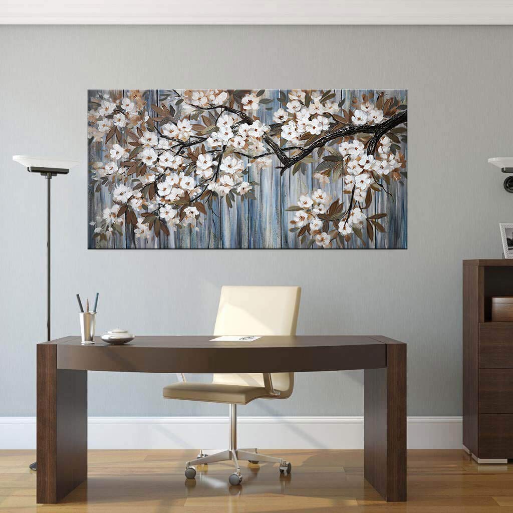 Large Canvas Wall Art For Living Room Wall Decor Abstract White Flower Tree With Gray Driftwood Picture Modern Framed Canvas Pri