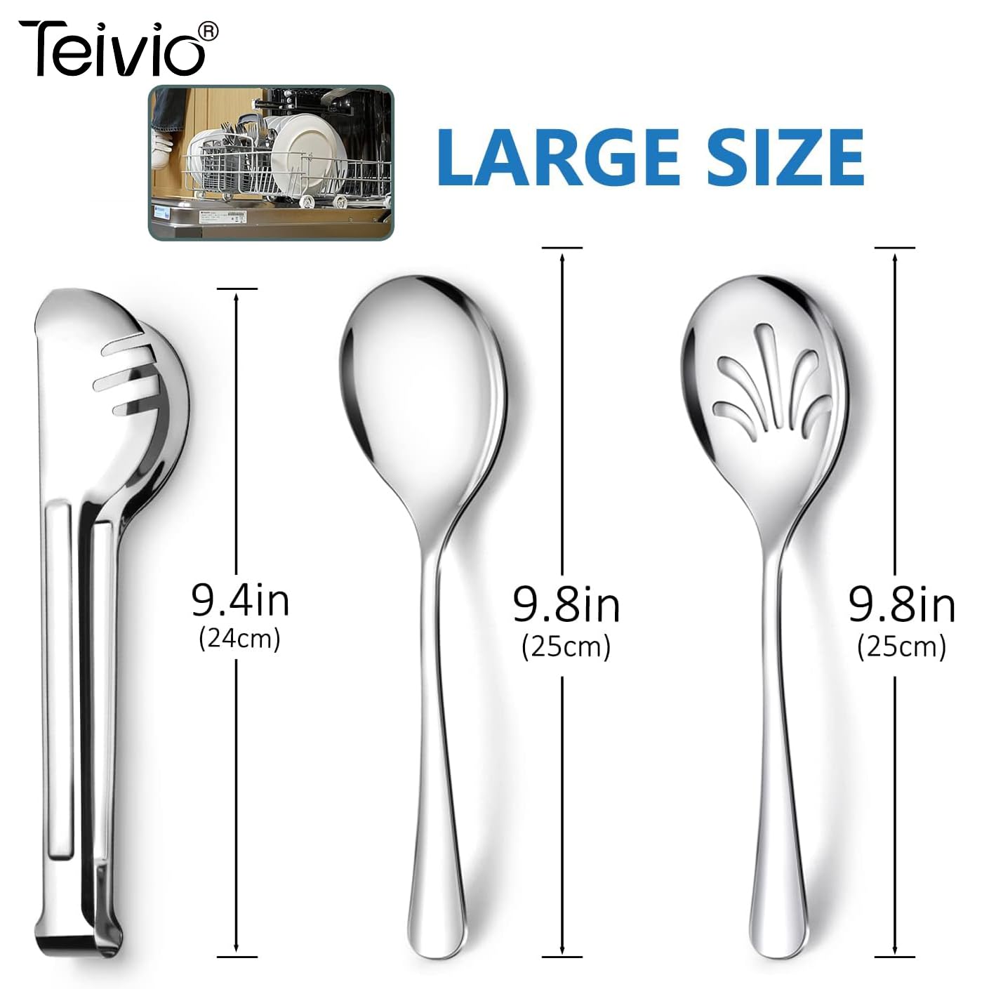 Stainless Steel Metal Serving Utensils - Large Set Of 9-10'' Serving Spoons, 10'' Slotted Spoons, And 9'' Serving Tongs By Teivi