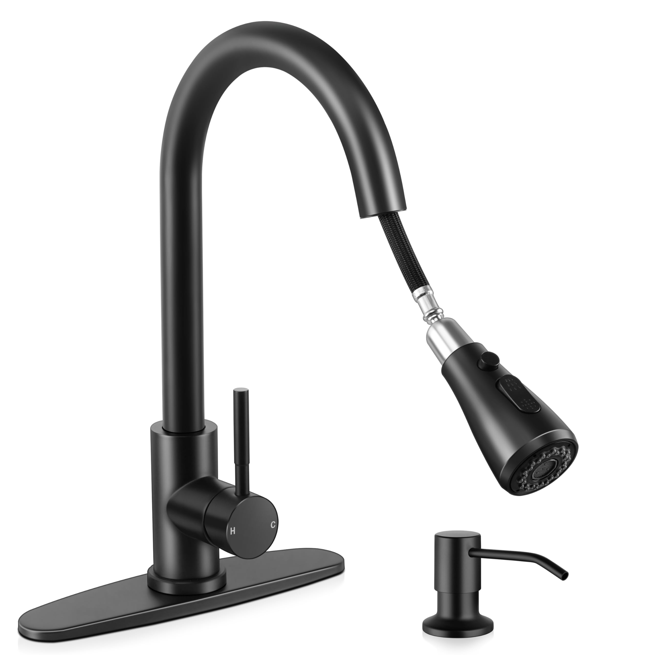 Herogo Black Kitchen Sink Faucet Set With Pull Down Sprayer And Soap Dispenser, Stainless Steel Rv Outdoor Kitchen Faucet For 1-