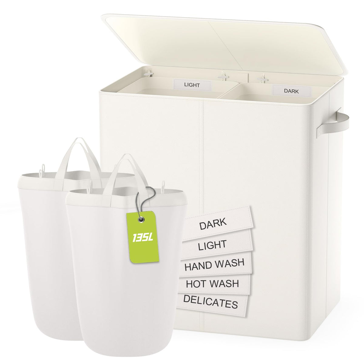 Double Laundry Hamper With Lid, 135L Clothes Hampers For Laundry With Removable Bags & Labels, Laundry Hamper 2 Section For Sepa