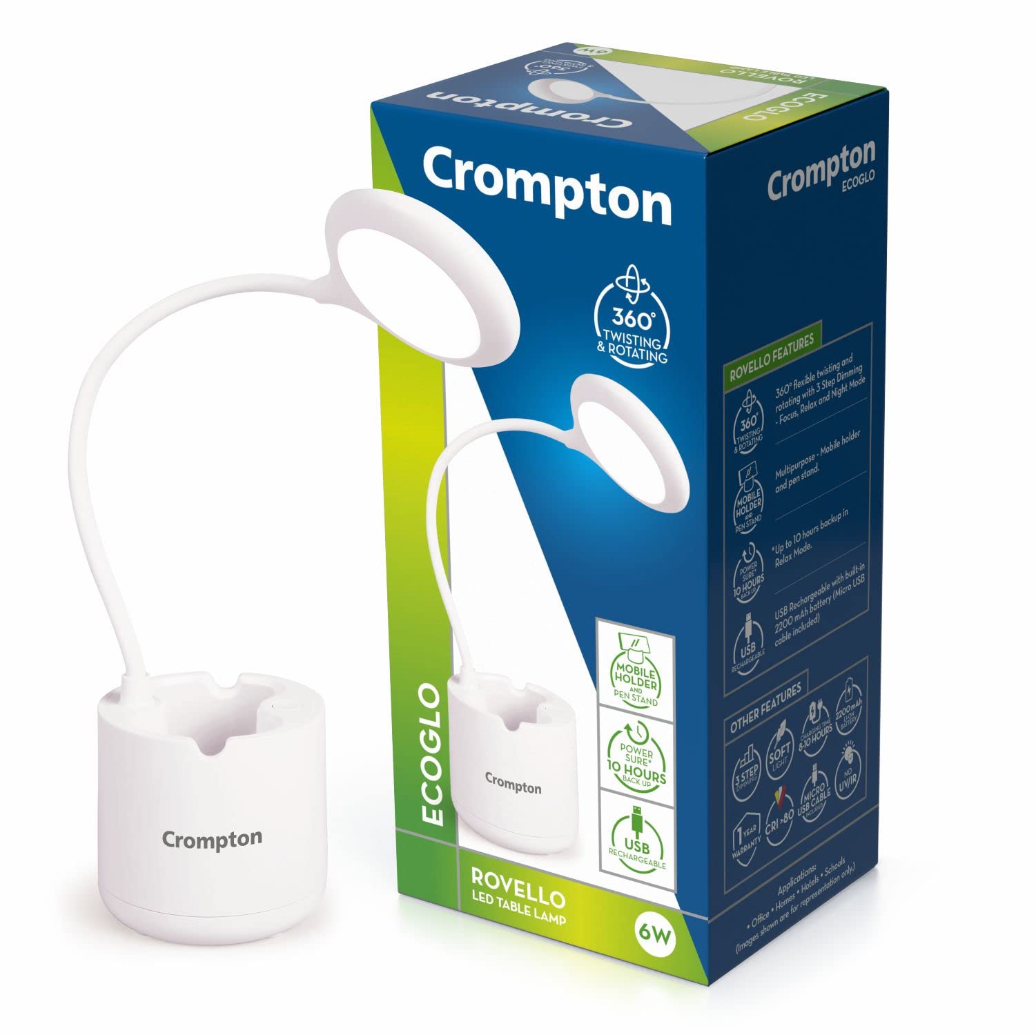 Crompton Rovello 6W Led Table Lamp, Plastic, White |ReChargeable 2200Mah Lithium Ion Battery | 360  Rotating Swan Flexible Desi