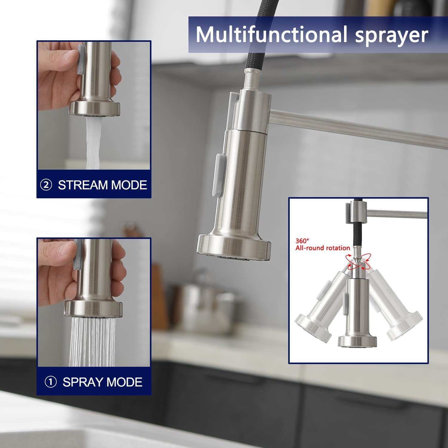 VOTON Kitchen Faucets with Pull Out Sprayer Commercial Spring Kitchen Sink Faucet Brushed Nickel Single Handle Kitchen faucets with Deck Plate