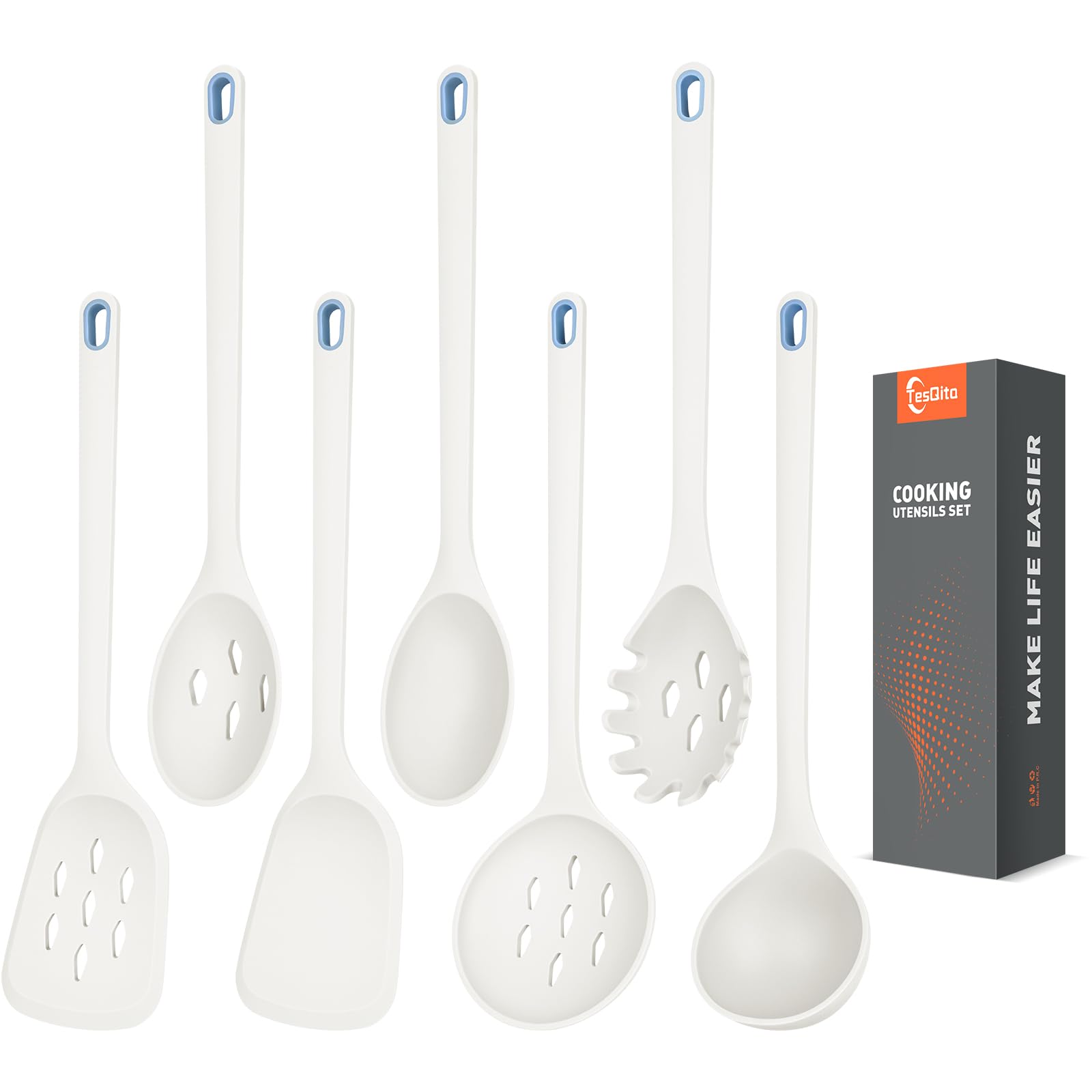 TesQita Large Silicone Utensils Set of 7 for Cooking, BPA Free (White)