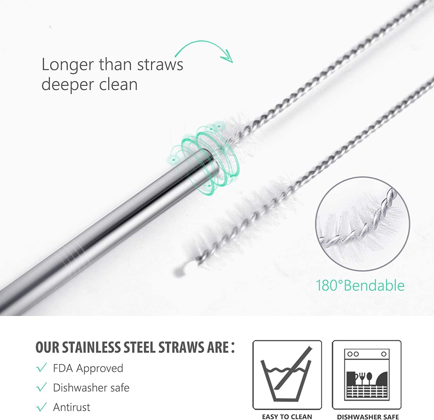 8 Piece 5/16 Inch (8Mm) Wide Bent Stainless Steel Straws For 40 Oz Tumbler With Handle, 12 Inch Long Reusable Metal Drinking Str