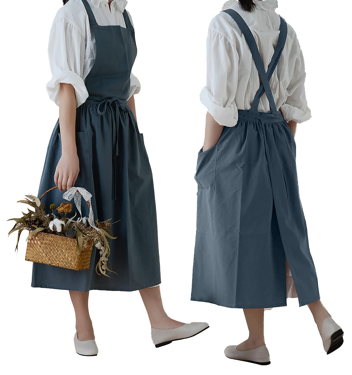 losofar Cotton Pleated Apron Retro Waterdrop Proof Garden Cleaning Pinafore Dress (green  103cmx86cm)