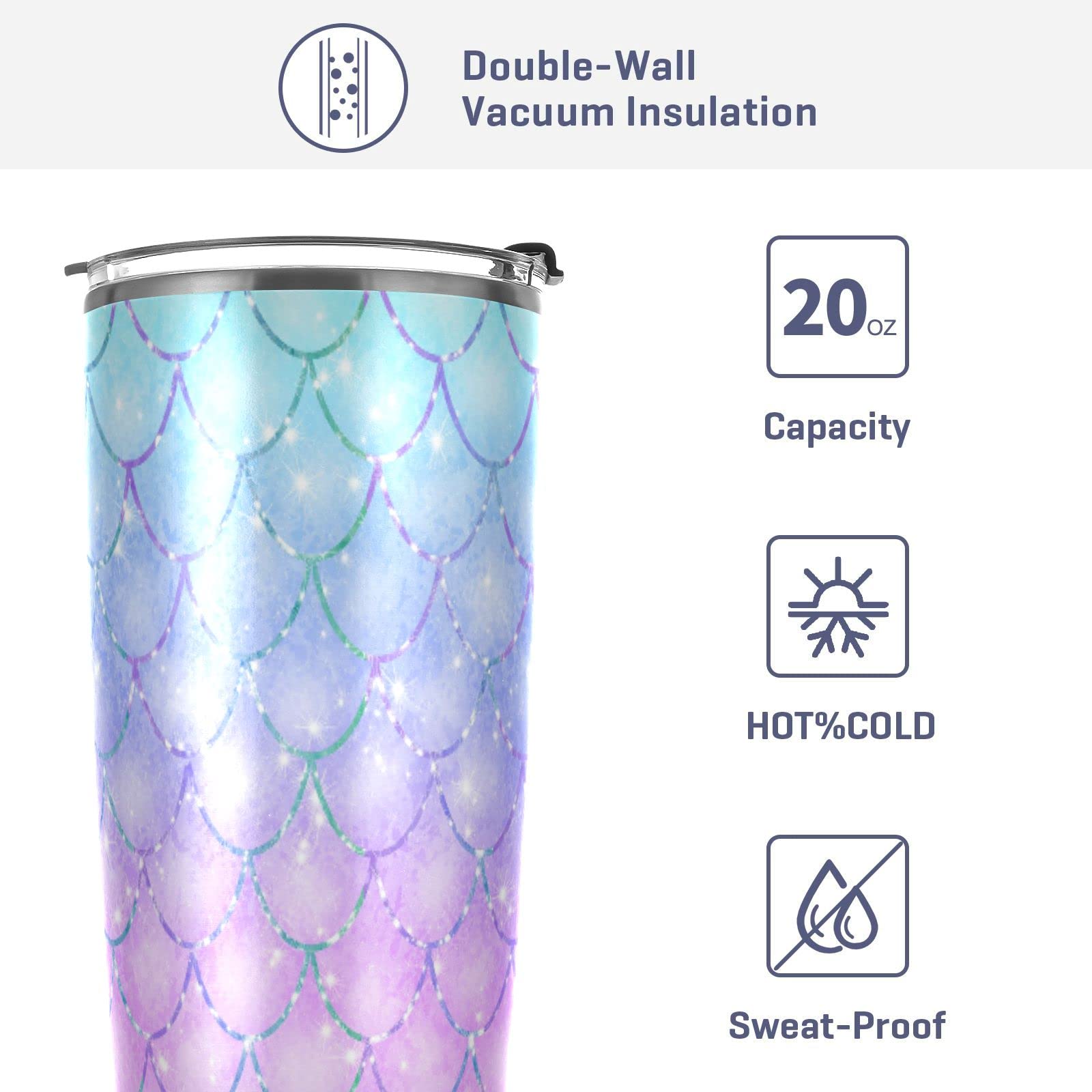 Cataku 20Oz Mermaid Scales Purple Tumbler Cup With Lid And Straw Stainless Steel Vacuum Insulated Double Wall Travel Coffee Mug