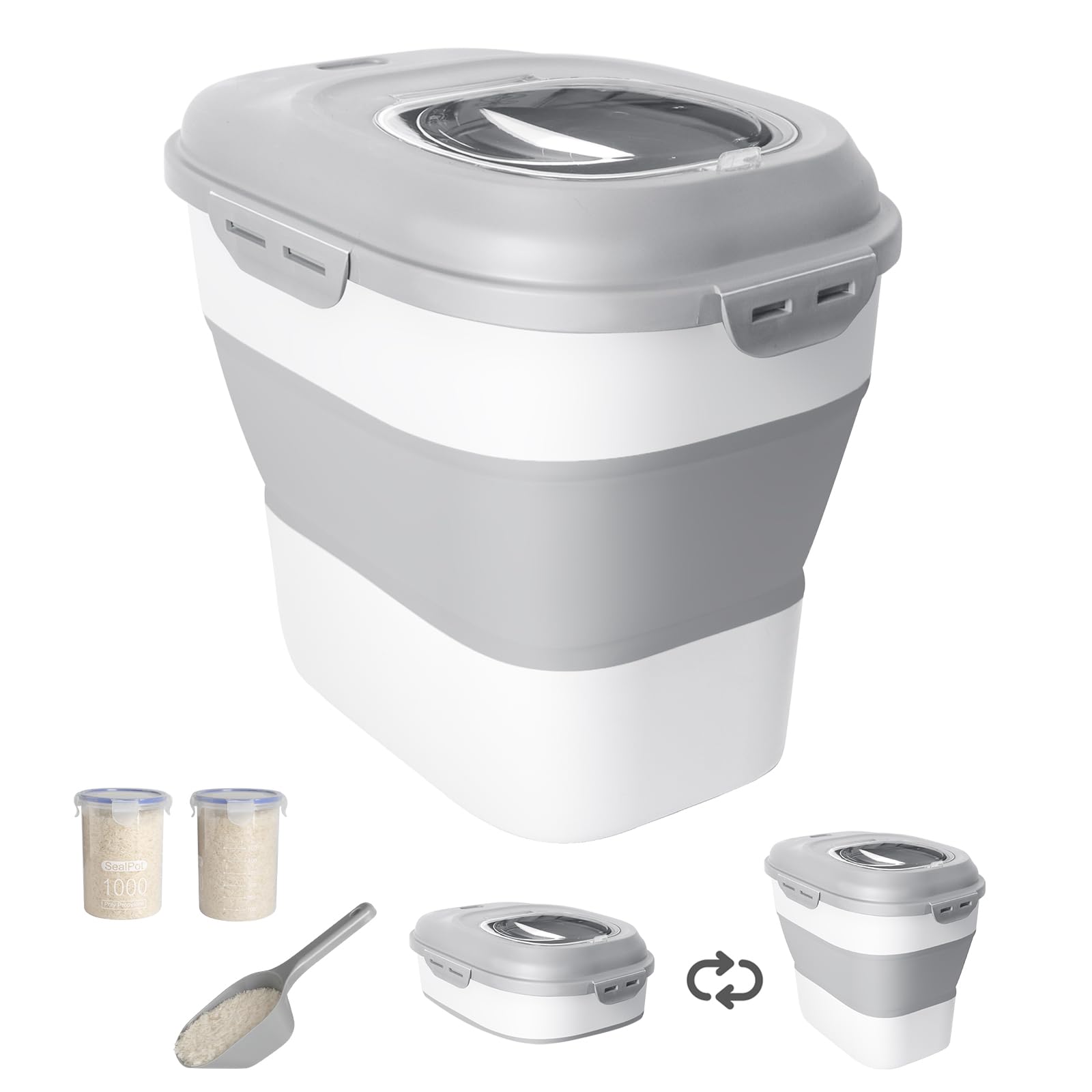 DDMOMMY 20-50 Lbs Food Storage Container With Wheel, Airtight Locking Lid, Collapsible Rice Container, Flour Storage With Small 