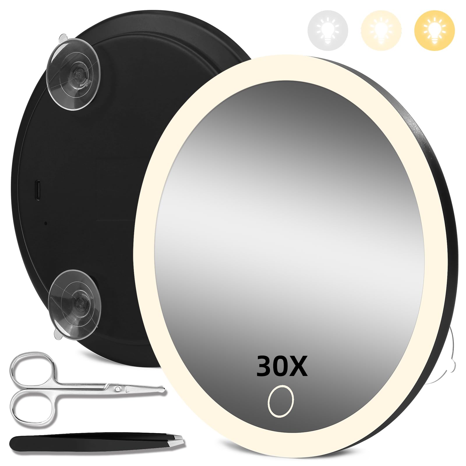 30X Magnifying Mirror With Light, 30X Magnifying Mirror With 3 Suction Cups, 3 Color Dimmable Lighted Makeup Magnifying Mirror,