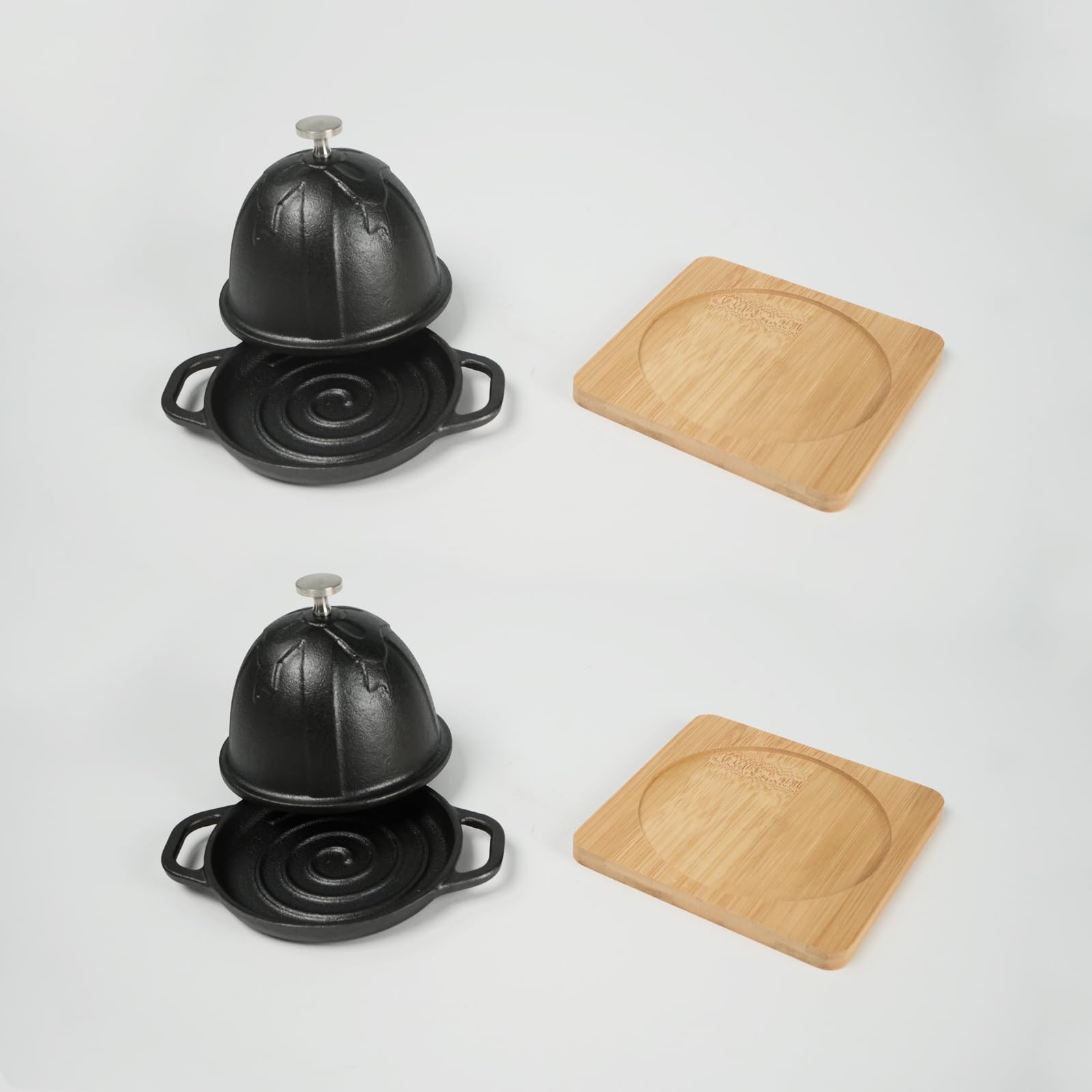 Hawok Pre-Seasoned Cast Iron Garlic Roaster With Bamboo Tray, Bbq Grill Garlic Baker, Mini Cocotte, Black, Set Of 2