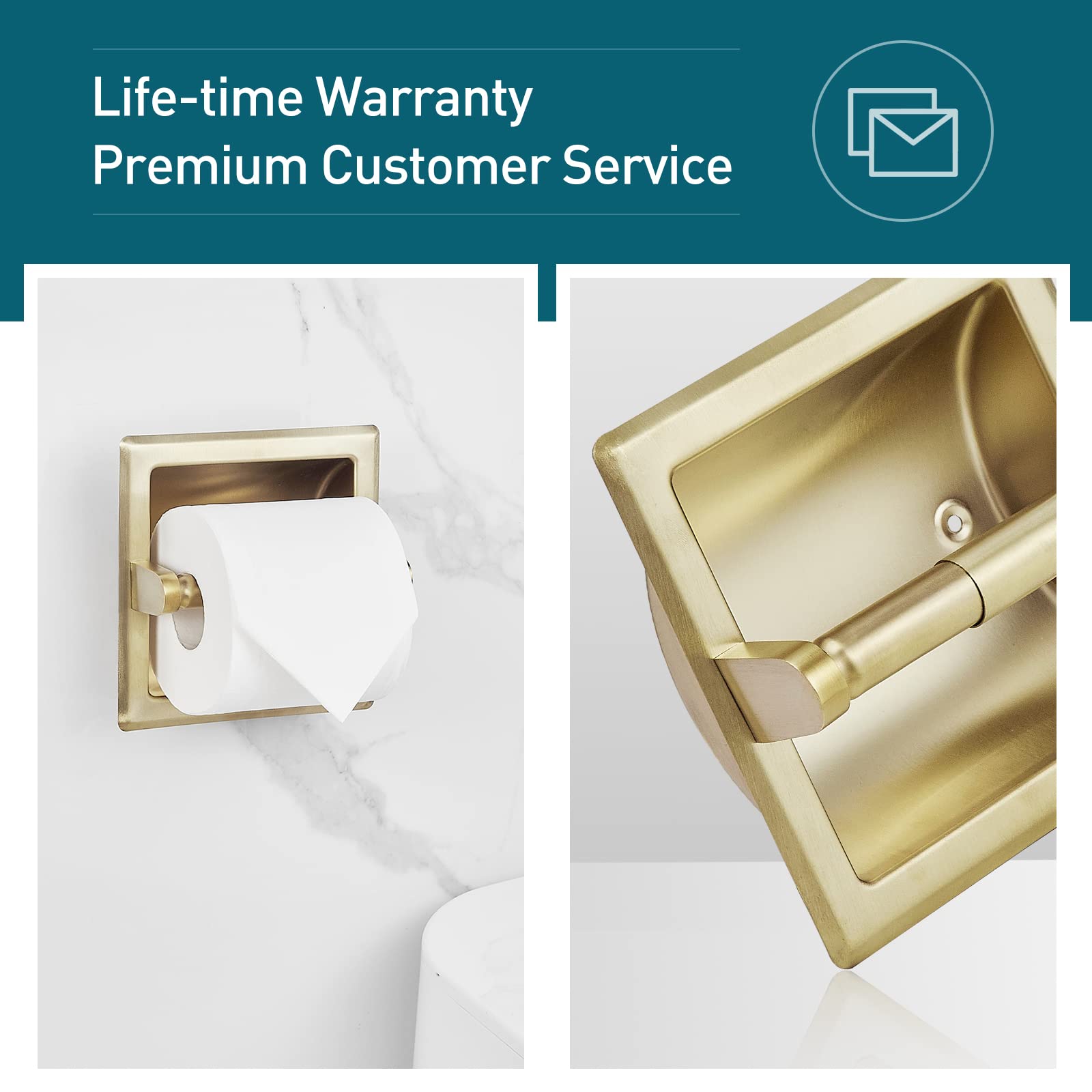 Pokim Recessed Toilet Paper Holder In Wall Mounted With Rear Mounting Bracket Stainless Steel Heavy Duty Brushed Gold Finish 6.2