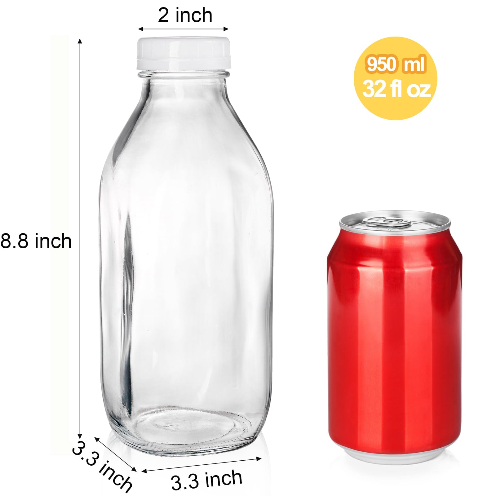 Bekith 6 Pack Liter Glass Milk Bottles with Airtight Screw Lid, 32 Oz Glass Juice Bottles, Reusable Glass Beverage Drinking Jar