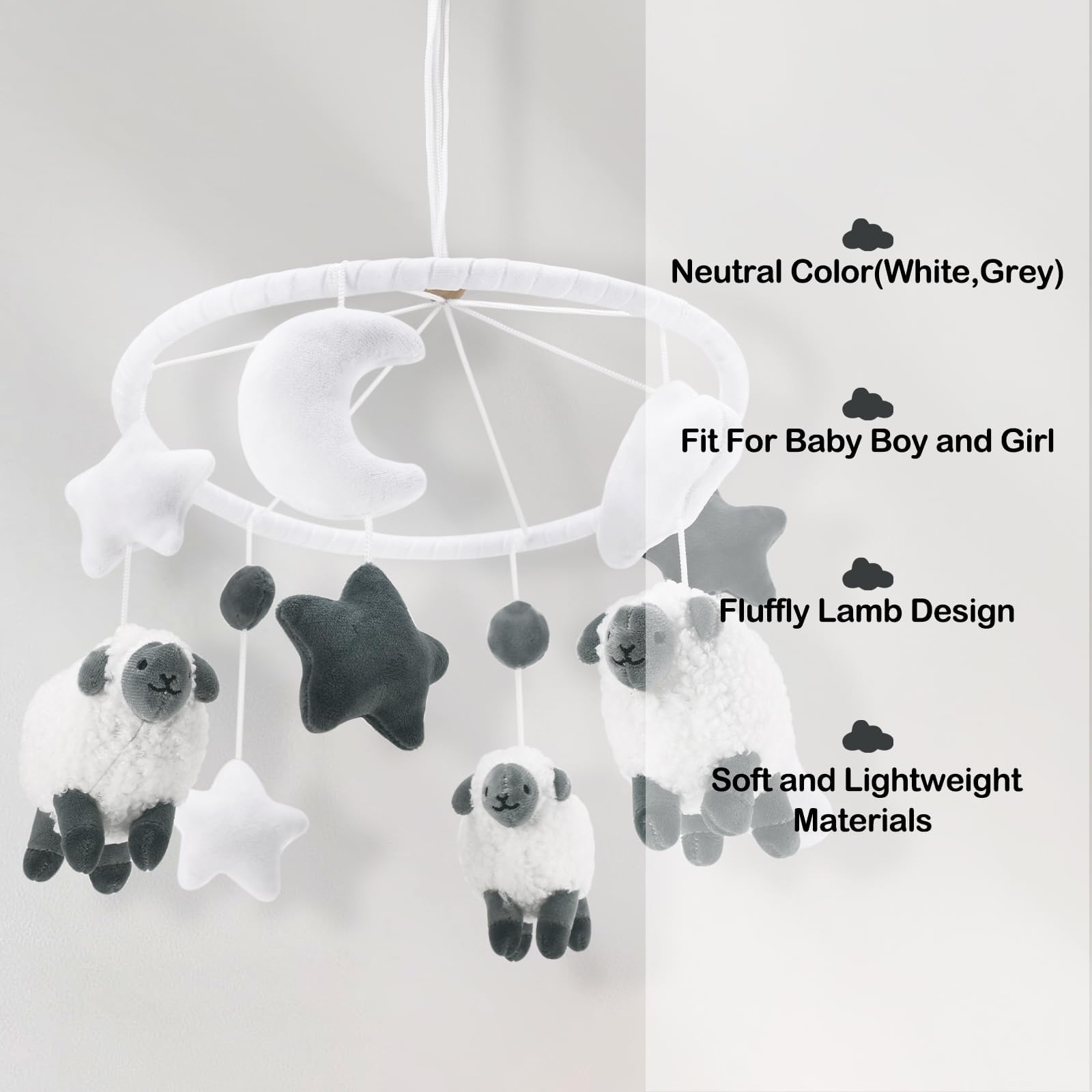 Sheep Baby Crib Mobile Lamb Nursery Mobile Neutral Farm Animal Hanging Decor with Furry Scottish Sheep Clouds Moon Stars Newborn