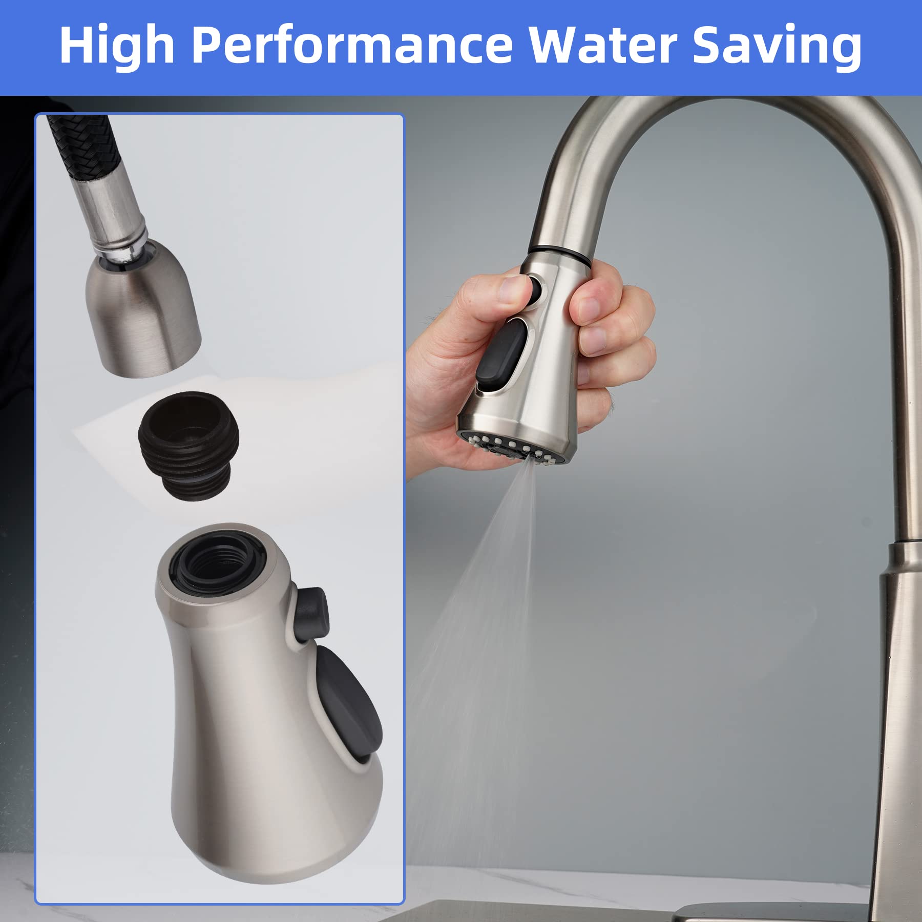 Universal Pull Down Kitchen Faucet Head Replacement, 3 Function Anti-Splashing Faucet Head For Kitchen Sink, Kitchen Faucet Head