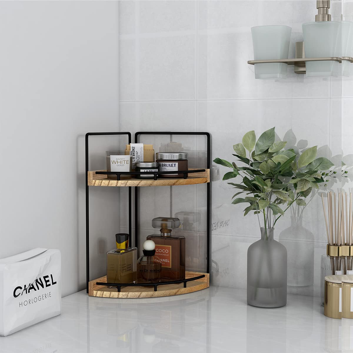 Dorhors 2-Tier Bathroom Counter Organizer,Vanity Counter Corner Shelf, Skincare, Wood Countertop Bathroom Storage And Organizati