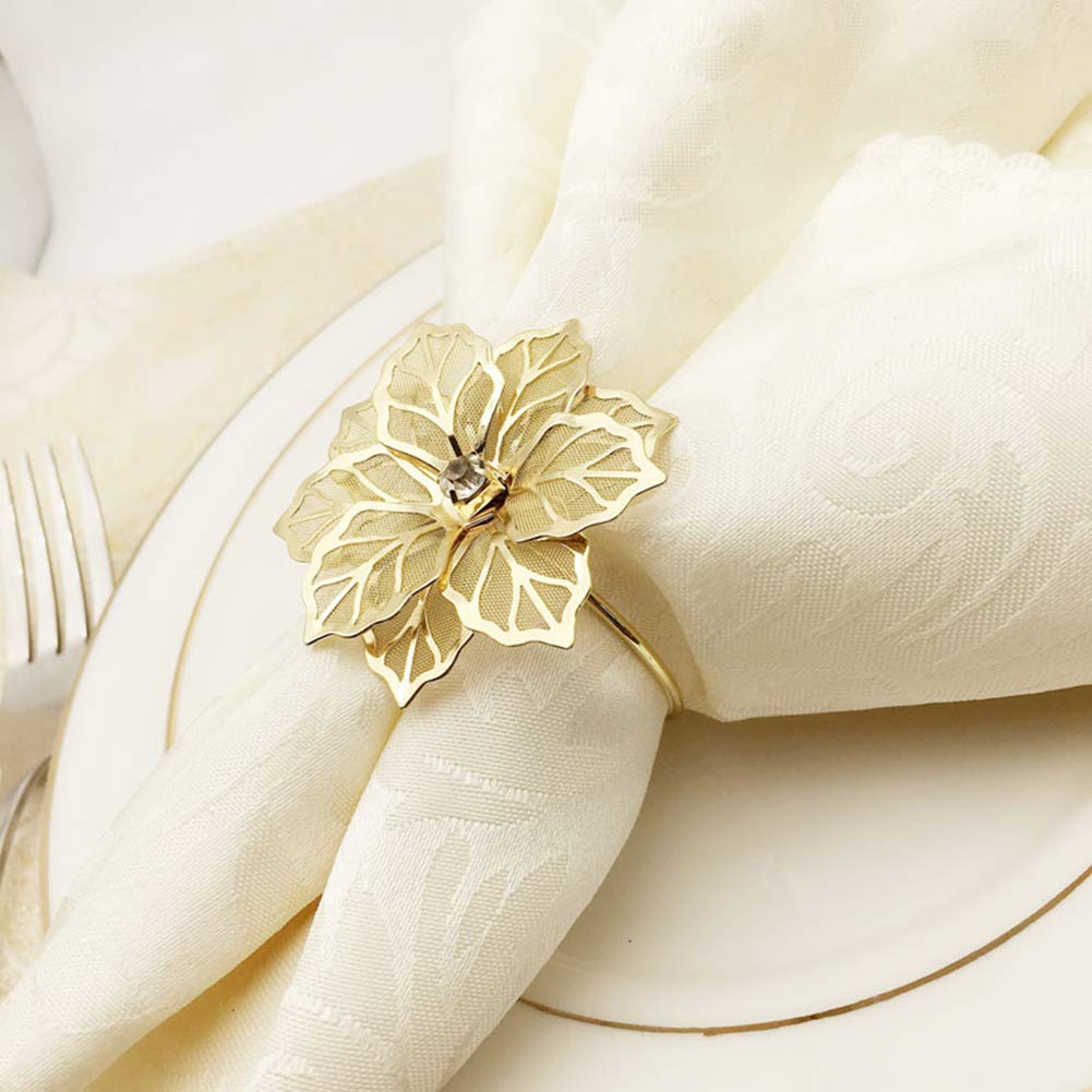 Nagu Flower Napkin Rings Set Of 6, Hollow Out Floral Napkin Holder Adornment Exquisite Household Napkins Rings Set Rhinestone Na