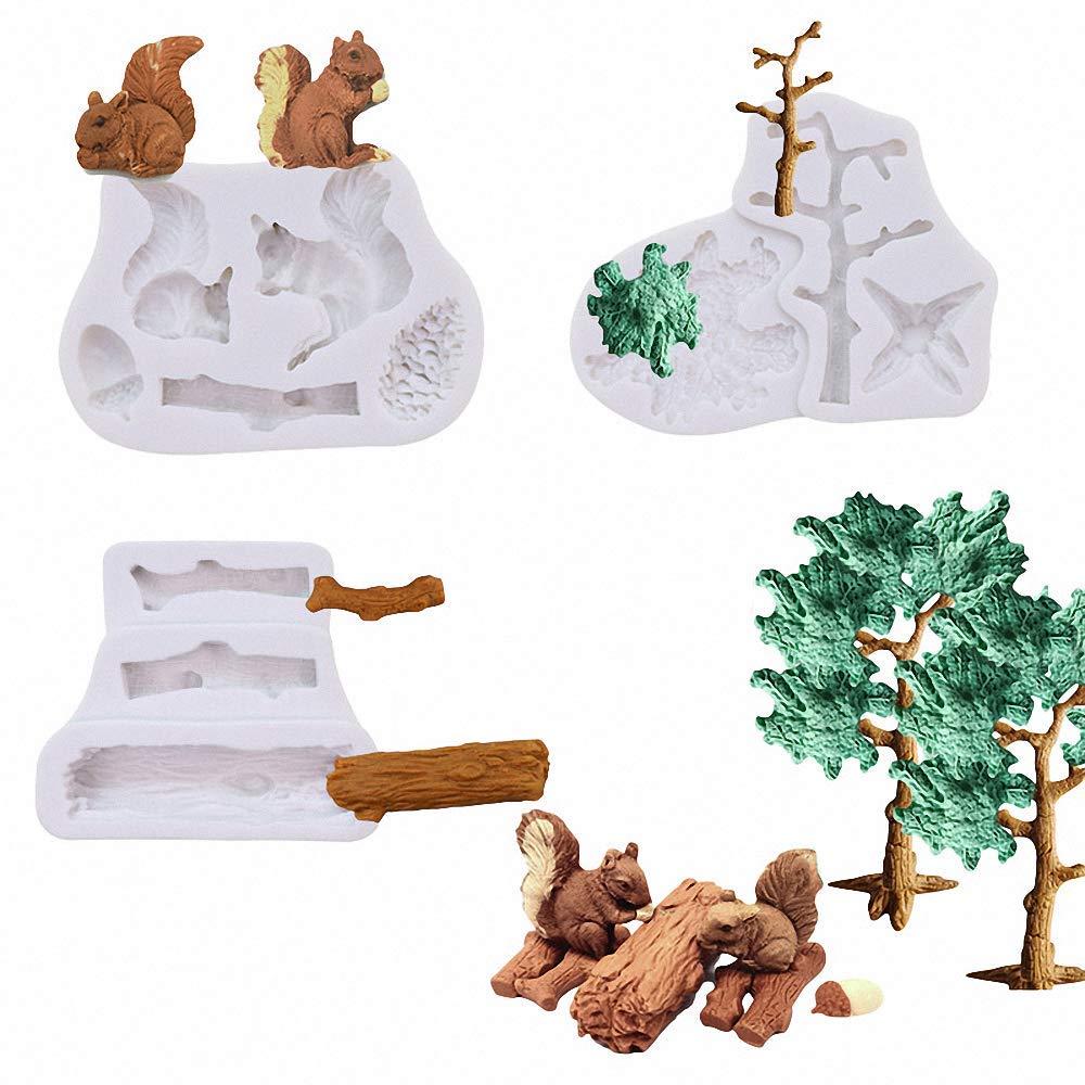 3Pcs/Set Forest Animal Silicone Fondant Molds Squirrel Chocolate Candy Mould Lumberjack Woodland Stump Pine Cones Wooden Tree Tr
