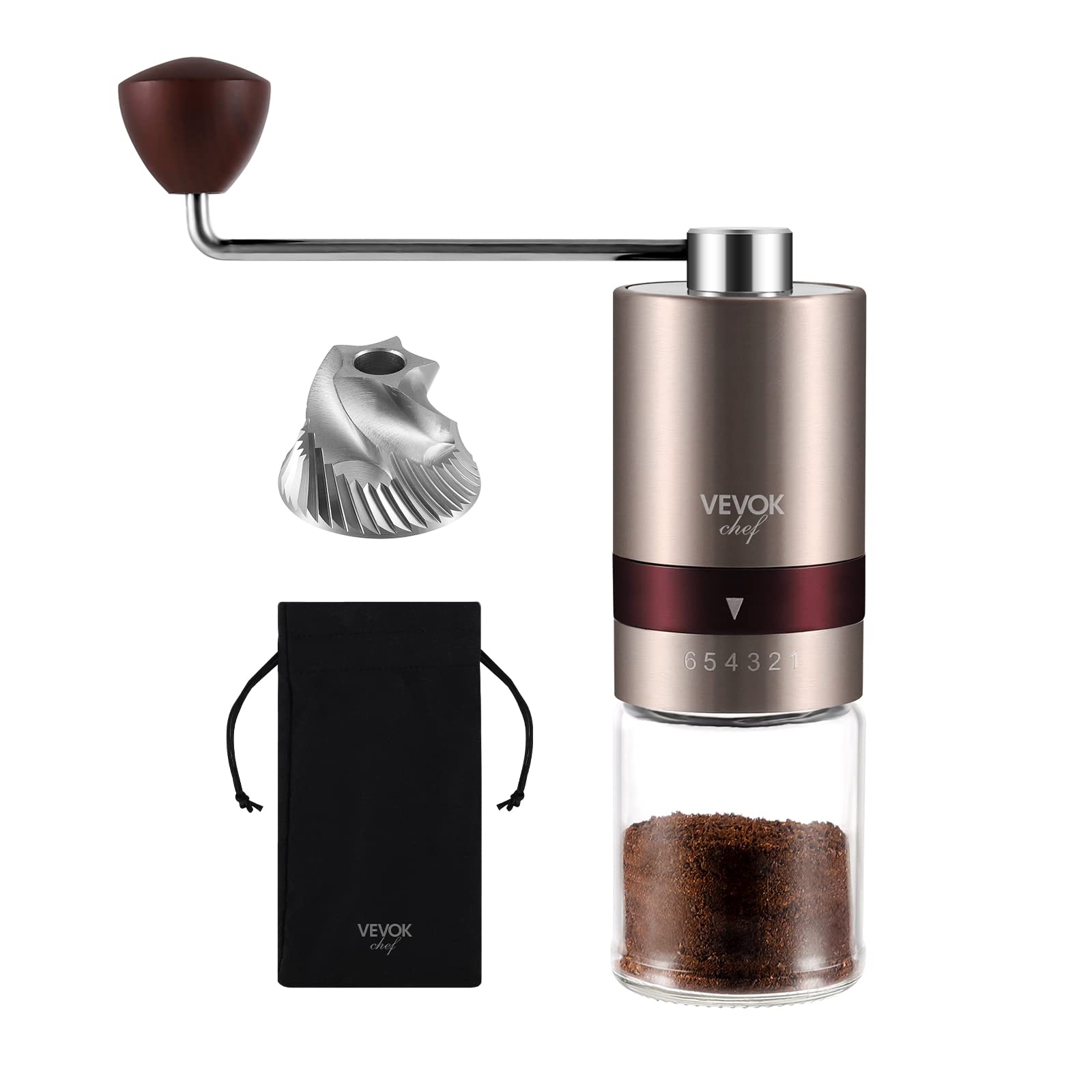 Vevok Chef Gold Manual Coffee Grinder Stainless Steel Burr Coffee Grinder With Portable Bag External Adjustable Setting Small Ha