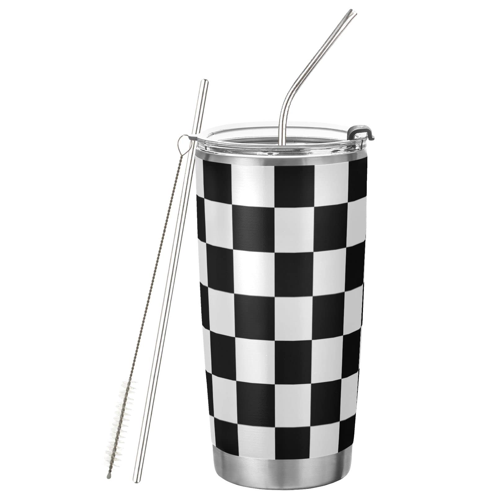 Cataku 20Oz Checkered Flag Racing Tumbler Cup With Lid And Straw Black And White Plaid Stainless Steel Vacuum Insulated Double W