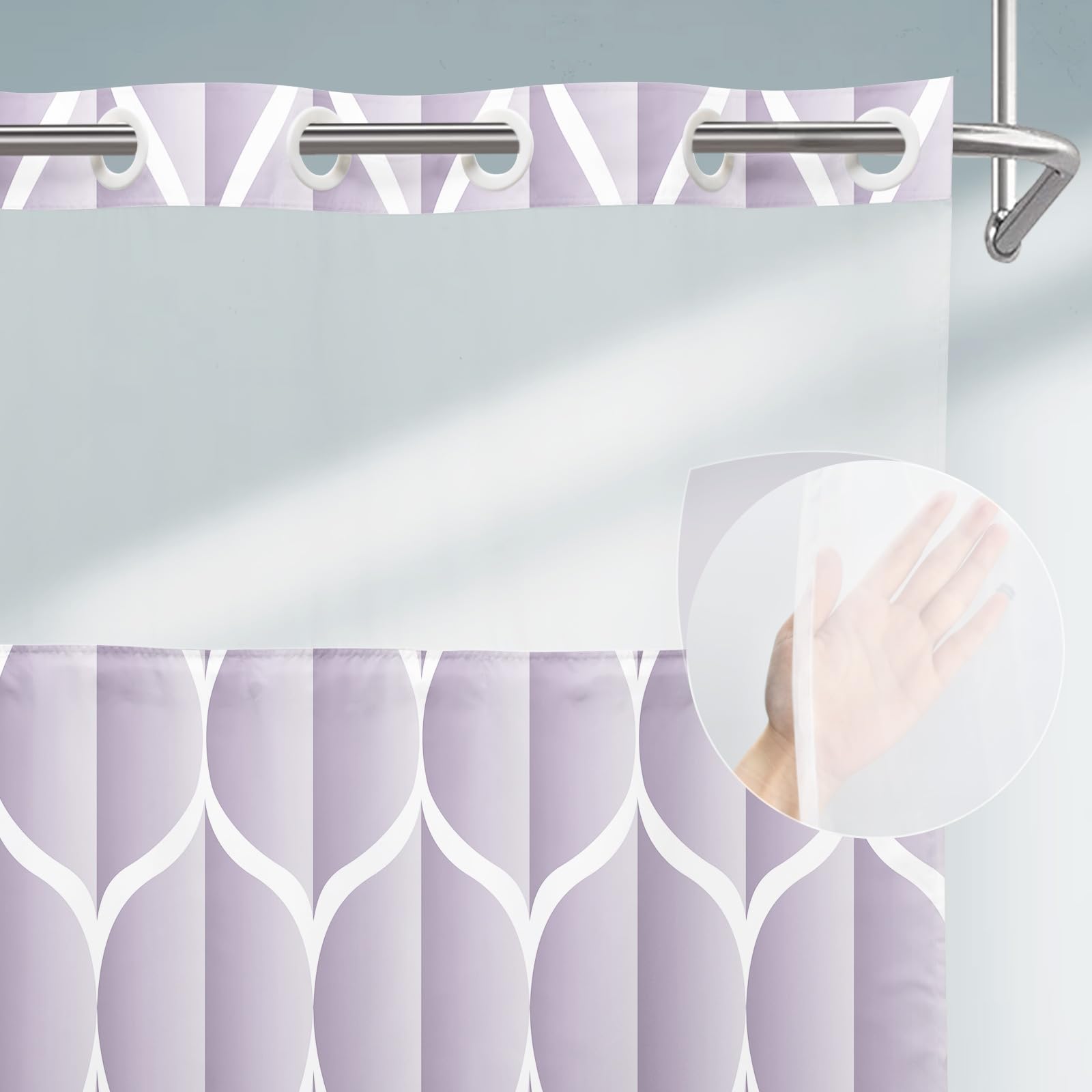 Yiatn No Hook Plum Shower Curtain With Snap In Fabric Liner Set - Hotel Style With See Through Mesh Top Window, Modern Geometric
