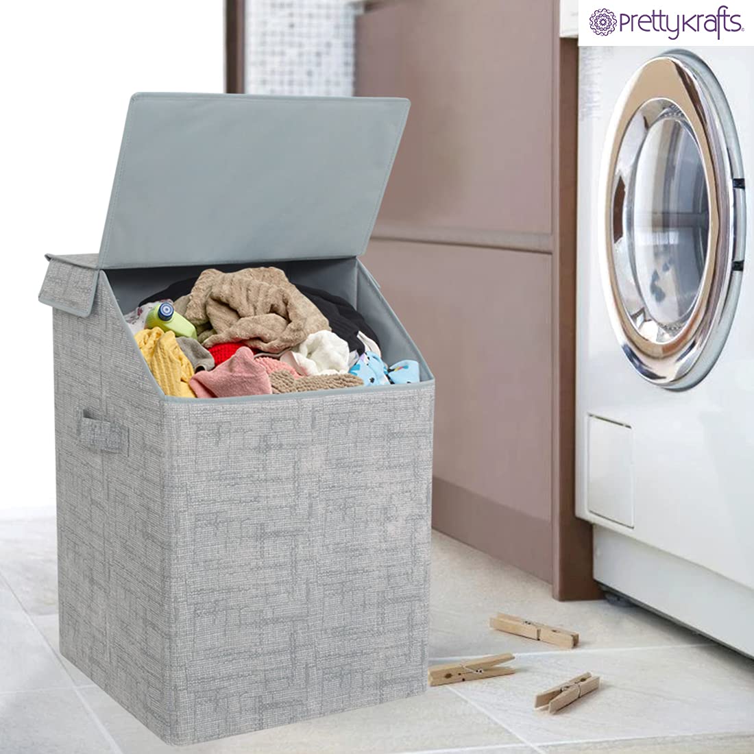 Prettykrafts 75 Ltr Laundry Basket For Clothes With Lid | Laundry Bag Foldable | Laundry Bag For Clothes | Clothes Basket | Bask