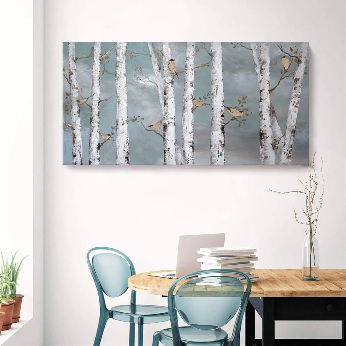 Large Tree Wall Art Hand-Painted Landscape Forest Oil Painting Gallery Wrapped Framed Canvas Bird Birch Artwork 'White Birch at Night' for Living Room Bedroom Office D?or Teal White Gold 48x24inch