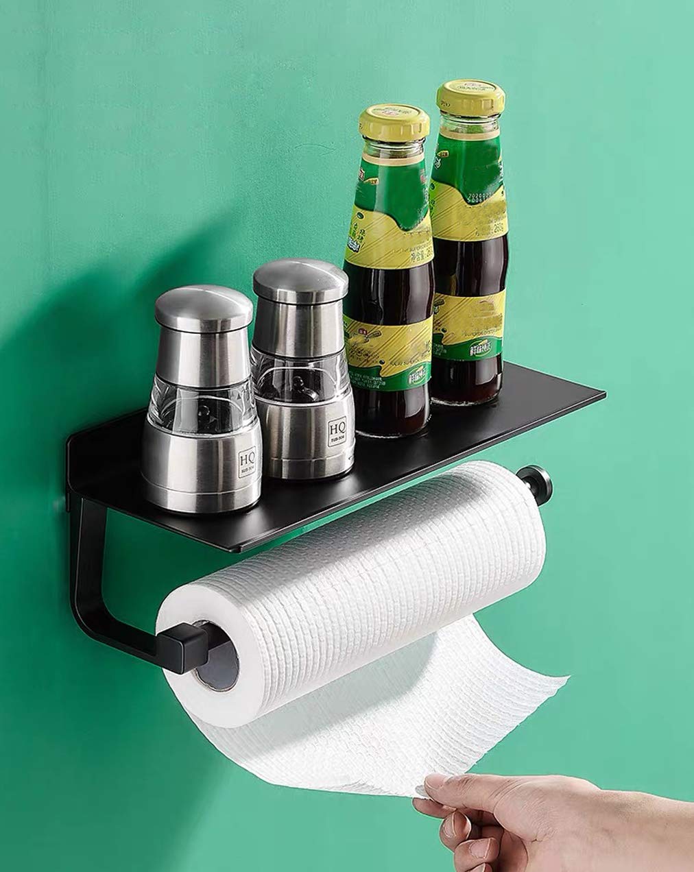 Missmin Black Paper Towel Holder With Shelf,Wall Mount Organizer Storage For Kitchen Shower Bathroom