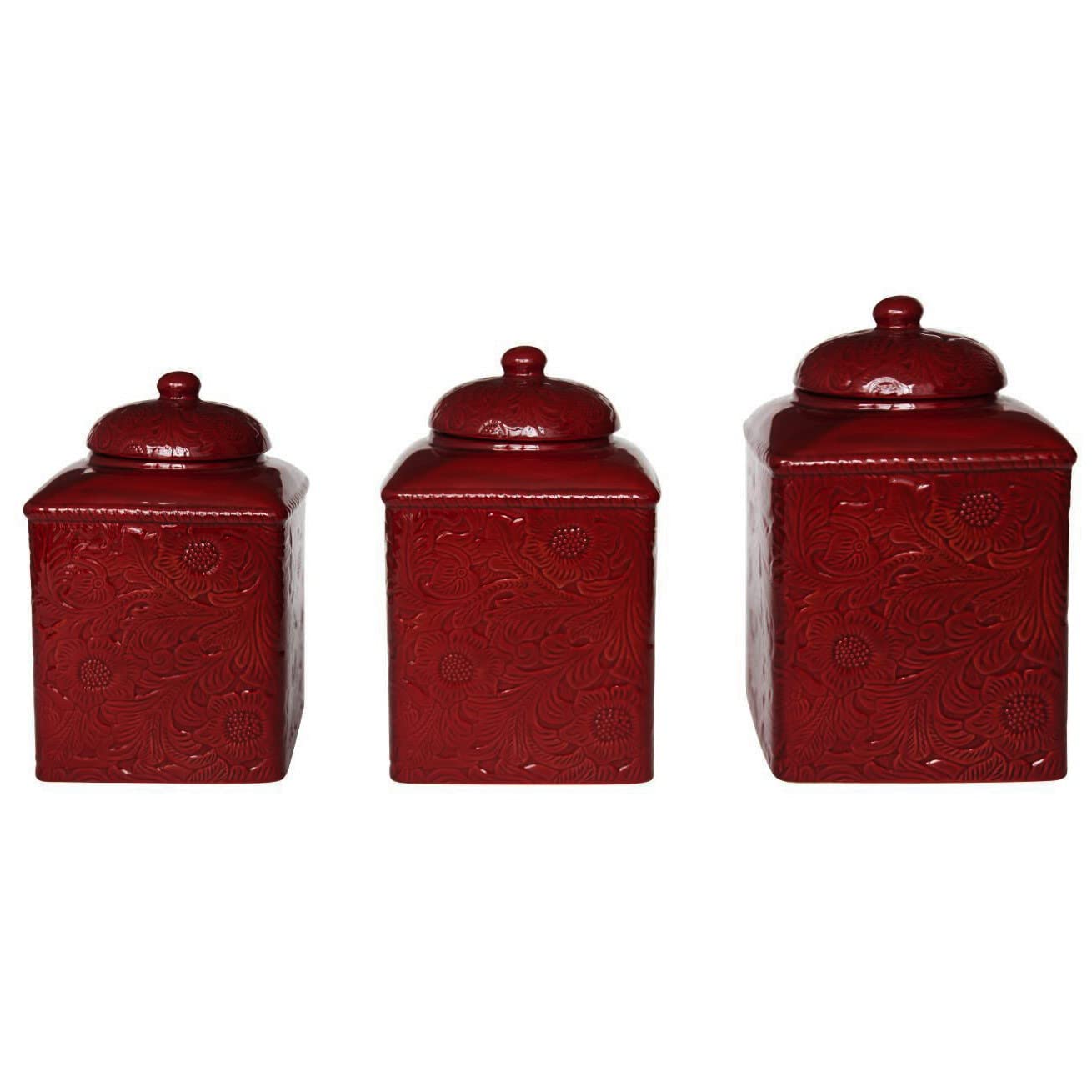 HiEnd Accents Savannah 3 Piece Ceramic Dinnerware Square Canister Set, Red Tooled Leather Floral Pattern, Modern Rustic Western 