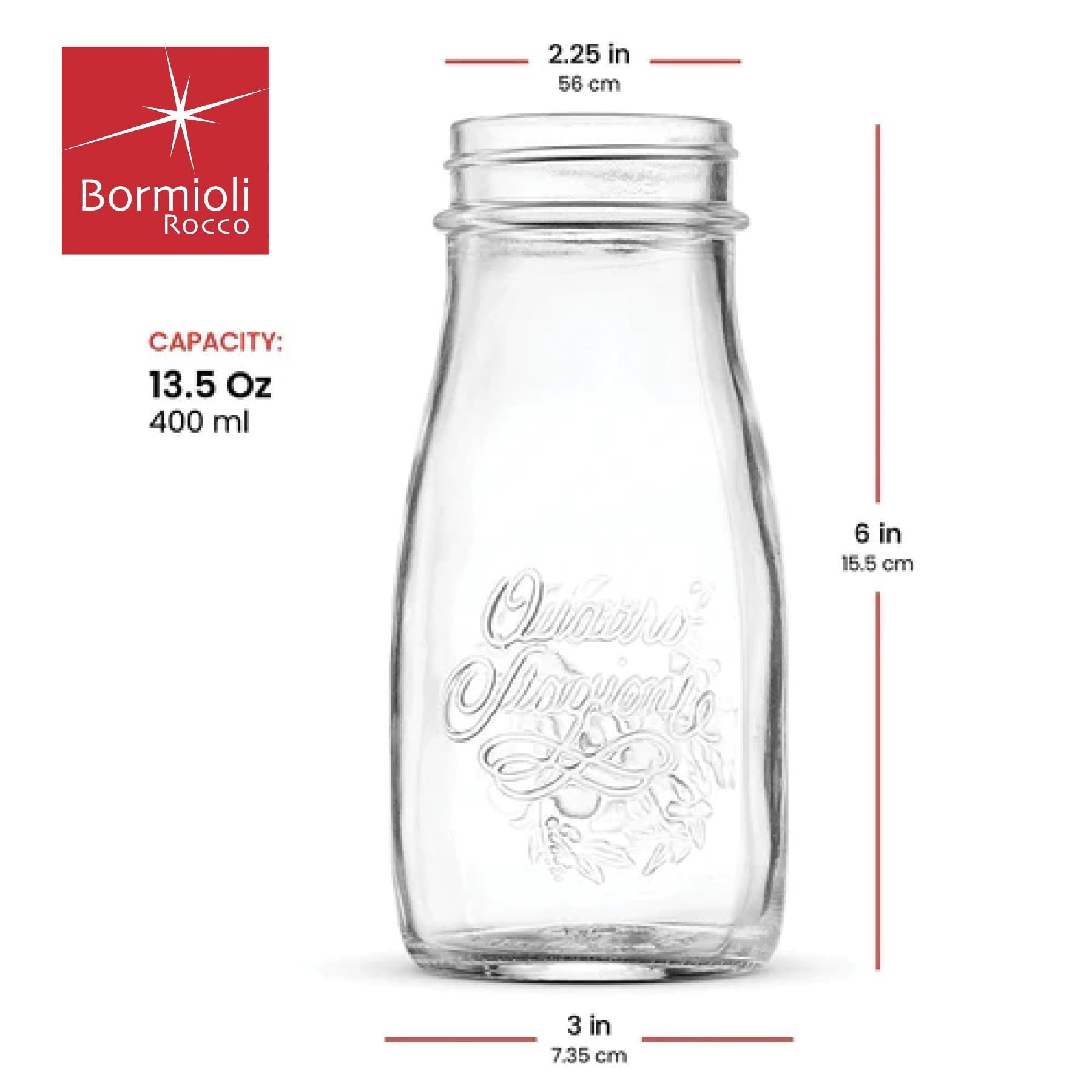 Bormioli Rocco Quattro Stagioni Bottles - 13.5 Oz. Glass Jars with Twist Lids, Microwave & Dishwasher Safe - For Canning, Cockta