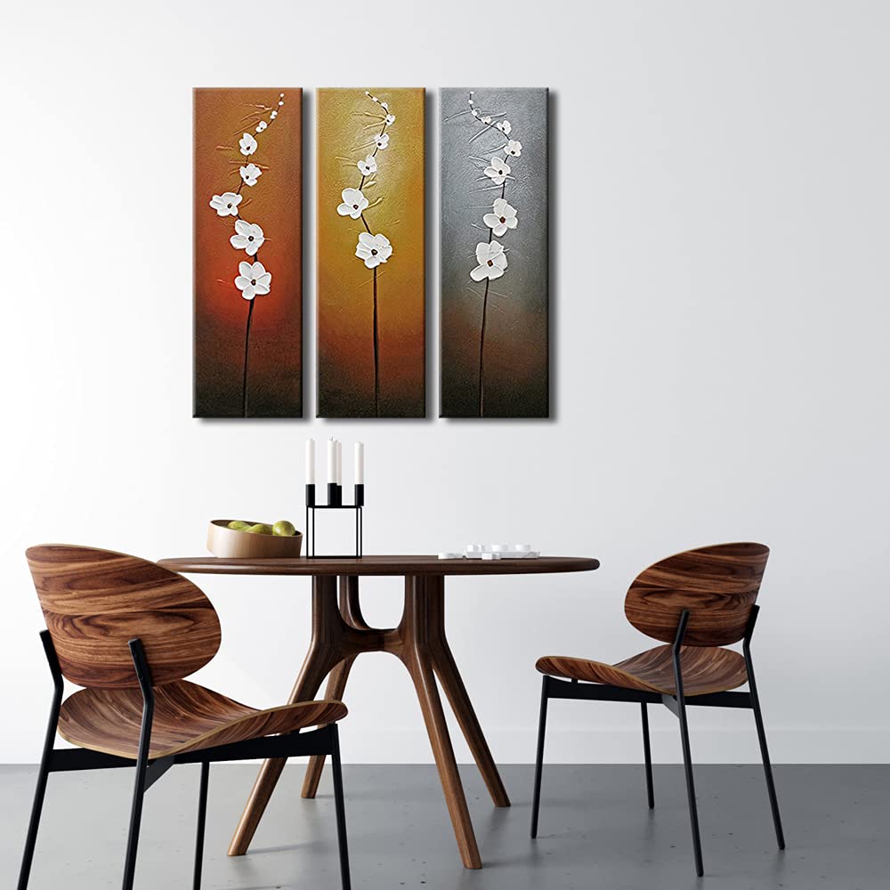 Wieco Art 3 Piece White Flowers Oil Paintings On Canvas Wall Art For Living Room Bedroom Home Decorations Modern Stretched And F