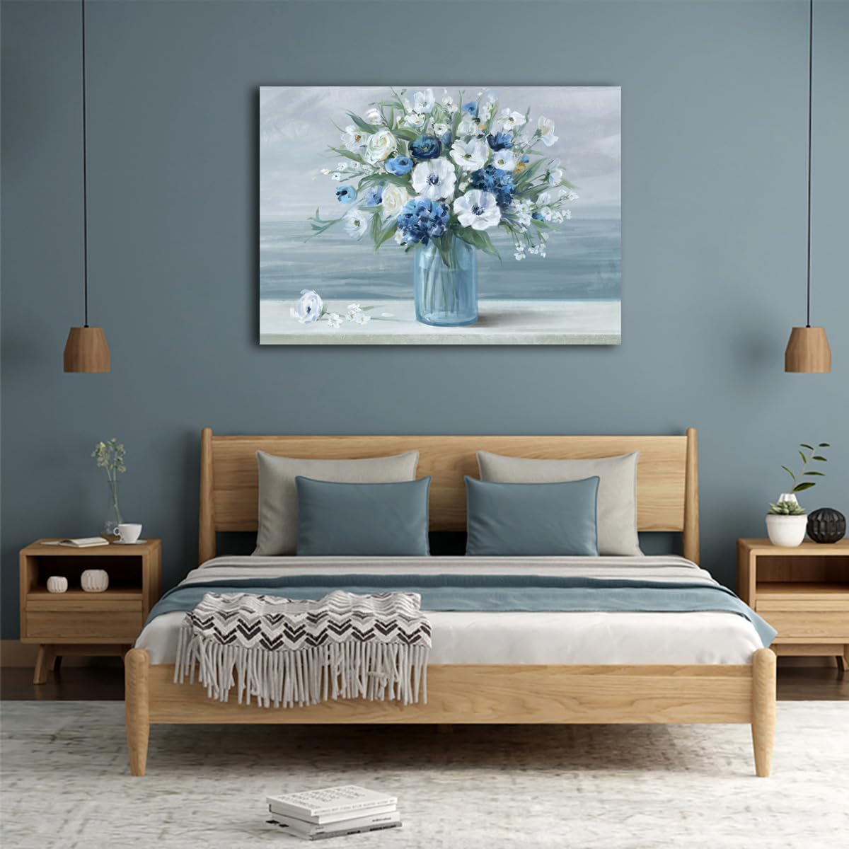 Vintage Flowers Canvas Wall Art Blue White Blossom Canvas Painting Retro Flowers in Vase Canvas Pictures Blue Ocean Seagull Background Artwork Prints for Bathroom Bedroom Wall Decor 28'' X 20''