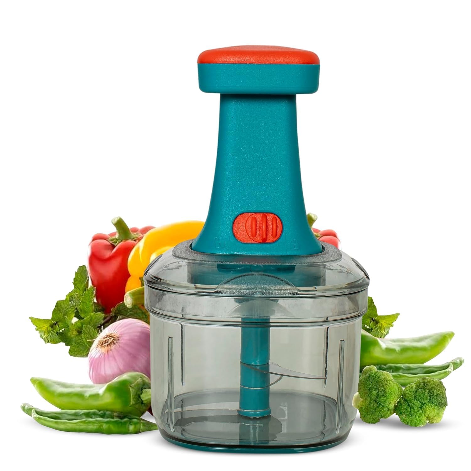 Aarzeno Manual Hand Press Push Chopper With 6 Blades For Effortless Chopping Vegetables & Fruits (Assorted, 650 Ml, Plastic).