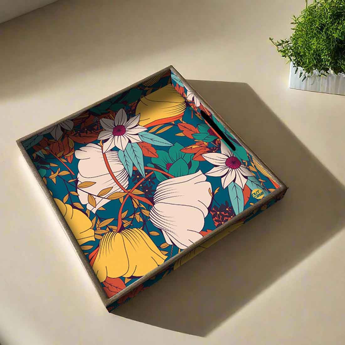 Nutcase Designer Wooden Serving Tray, Floral Pattern, Mango Wood, Decorative Food Platter