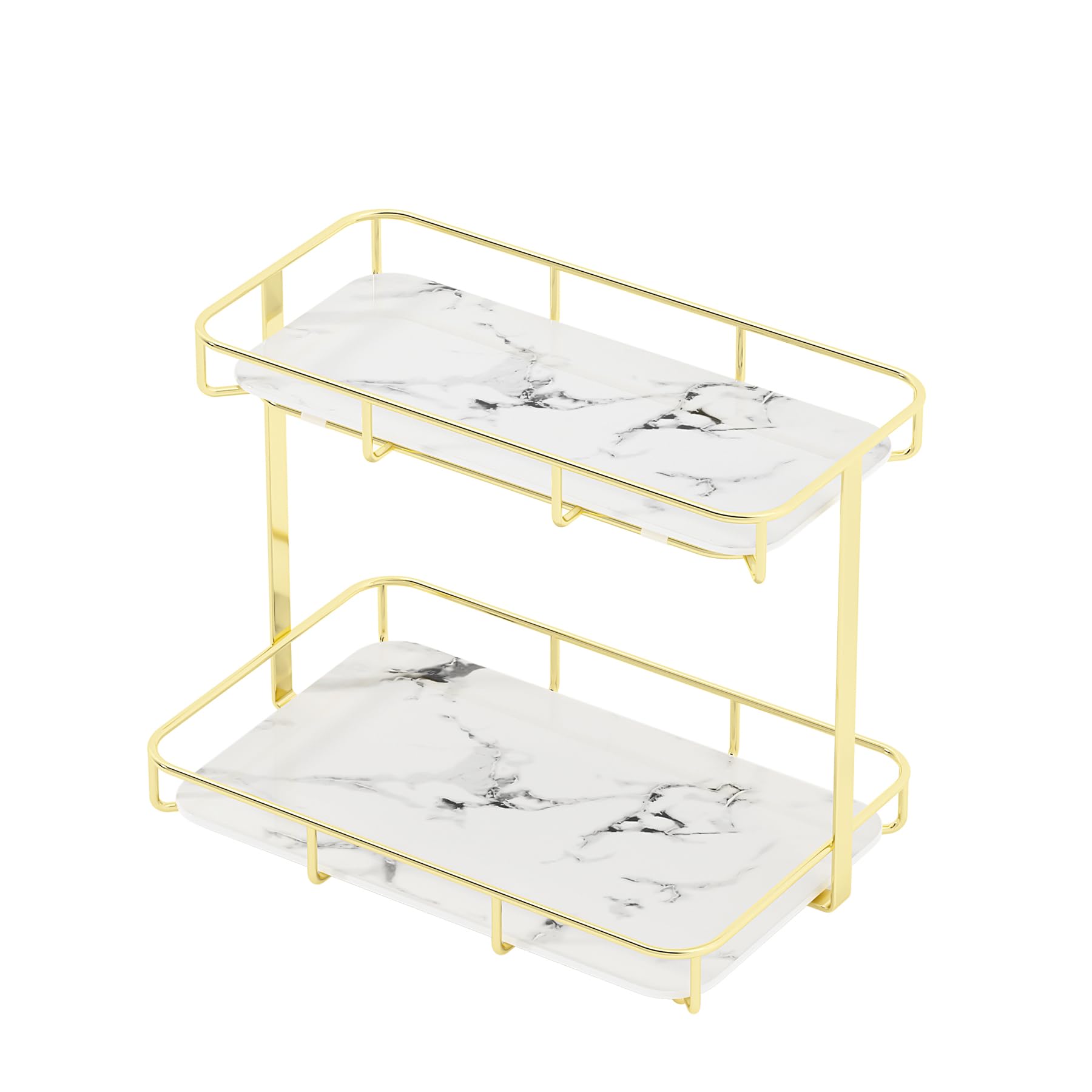 Dobbyby Bathroom Organizer Countertop Perfume Organizer Makeup Organizer Cosmetics Storage Display Rack 2 Tier Vanity Tray Dresser Stainless Steel Gold Shelf White Marble Print Ceramic Tray L