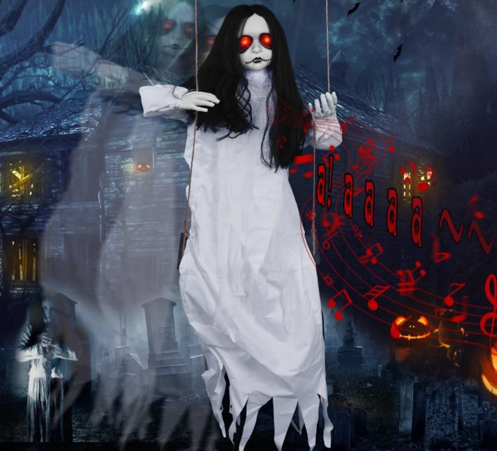 Scary Halloween Decorations Outdoor Hanging Swinging Girl with Sound & Slap Activated, Light Up Eyes Creepy Sound Expressions, L