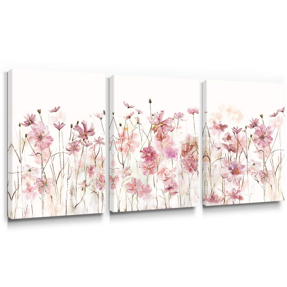 Sumgar Pink Flower Wall Art Bedroom 3 Piece Romantic Floral Wildflower Plants Nature Scenery Canvas Watercolour Paintings, Red B
