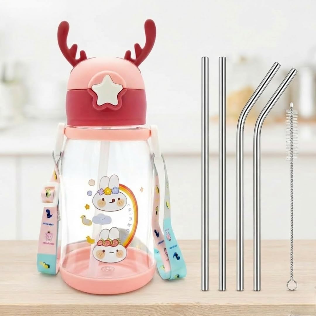 Cute Kids Water Bottle With Straw | Bpa Free Leakproof Sipper Bottle For School & Travel | Cartoon Design With Strap | Includes 