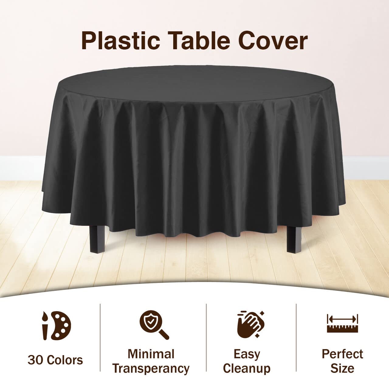 Exquisite 6-Pack Premium Plastic Tablecloth 84In. Round Plastic Table Cover - Black