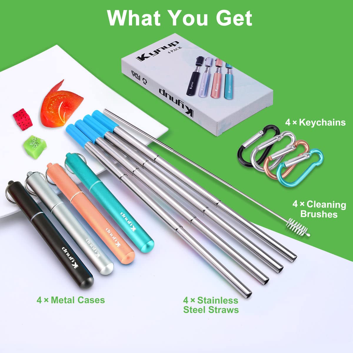 Kynup 4Packs Reusable Straws  Metal Straw with Silicon Pcs  Travel Drinking Straws with Metal Case  Keychain  Cleaning Brushes  Perfect for Travel  Gifts (20 PCS) Black+Silver+ Rose Gold+Turquoise