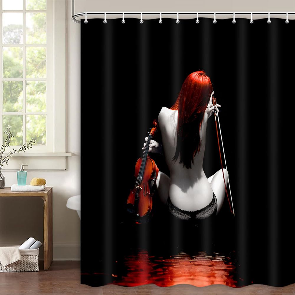 Fashion Sexy Woman Shower Curtains For Bathroom, Pretty Naked Tattoo Girl With Violin In Black Fabric Shower Curtain, Modern Bod