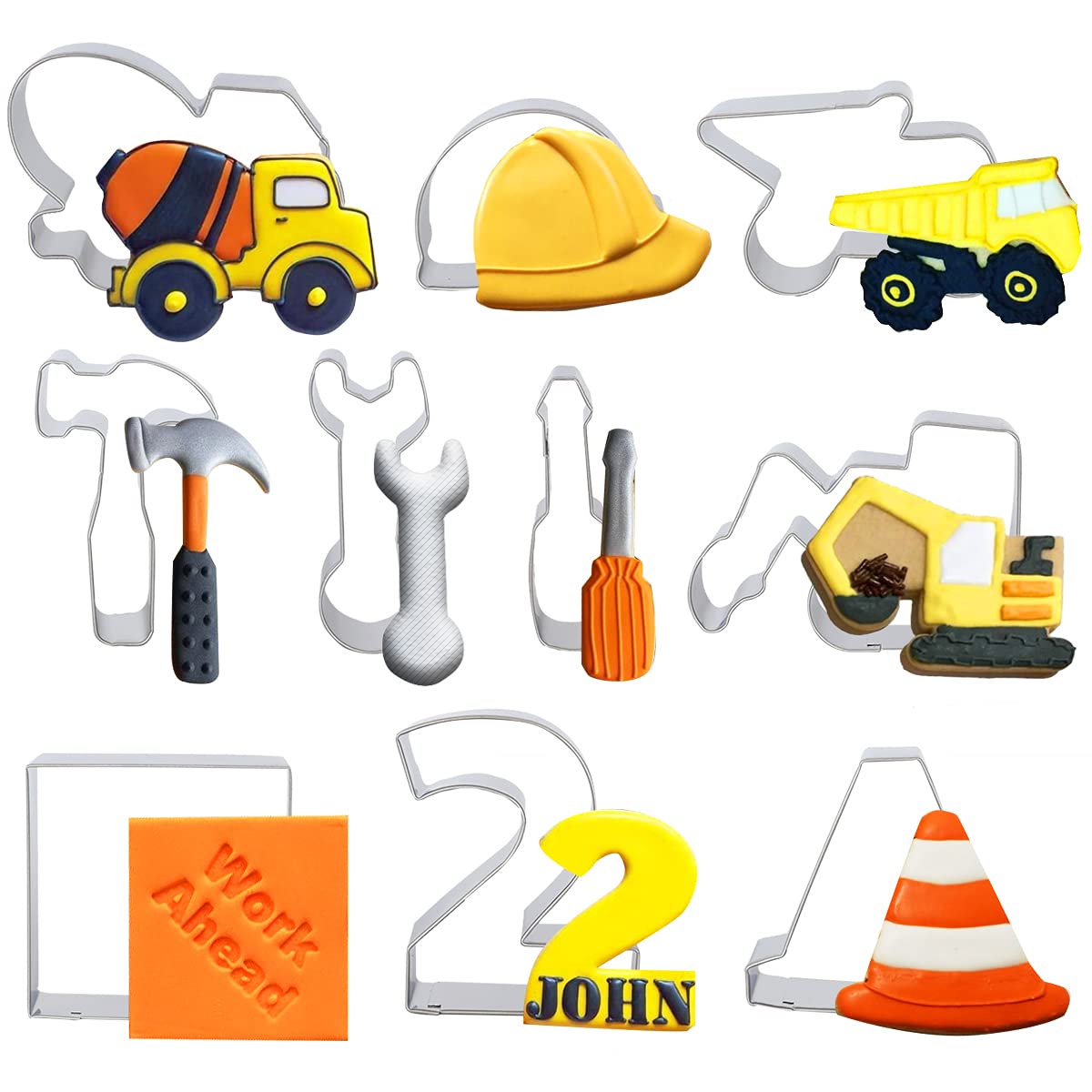 Fangleland Construction Cookie Cutter Stainless Steel 10 Pack with Dump Truck Tractor Cement Mixer Hammer Spanner Fondant Dough 