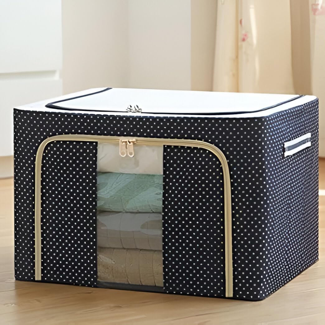 66L Foldable Steel Frame Storage Organizer Bag  Oxford Fabric Clothes Cover Box With Zipper For Wardrobe, Sarees, Bed Sheets, B
