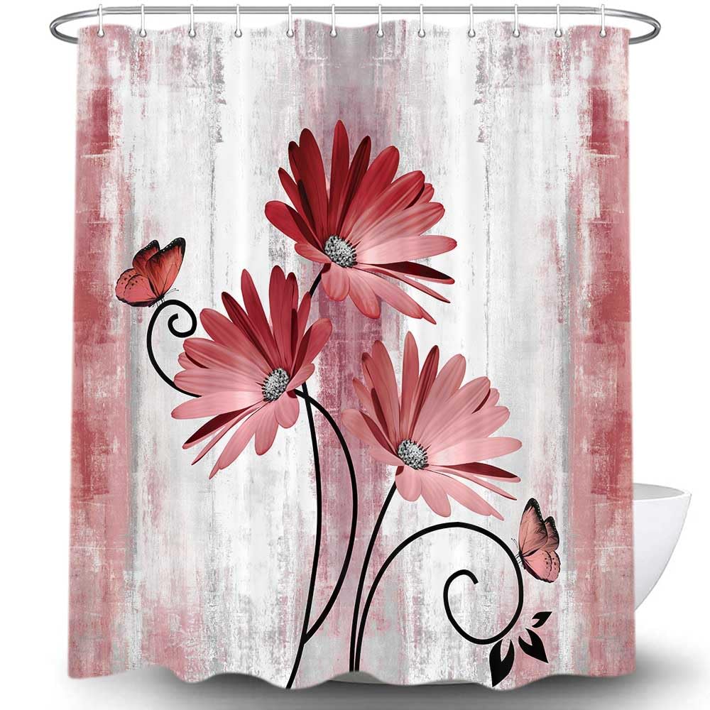Veivian Rustic Farmhouse Shower Curtain, Farm Red Daisy Floral Flowers And Butterfly On Country Wooden Shower Curtain For Bathro
