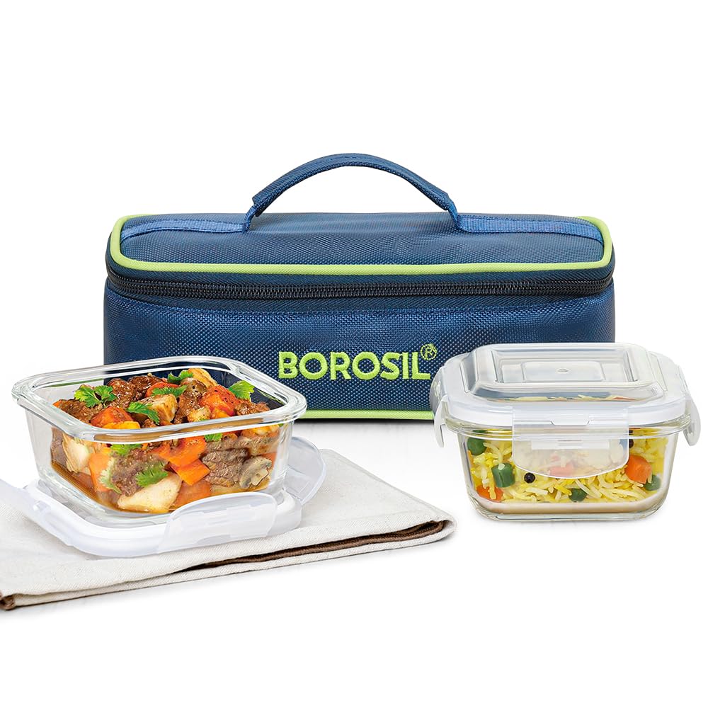 Borosil Klip n Store Lunchbox with Bag | Set of 2 (320ml Each), Square | Borosilicate Glass, Horizontal | Microwave & Dishwasher