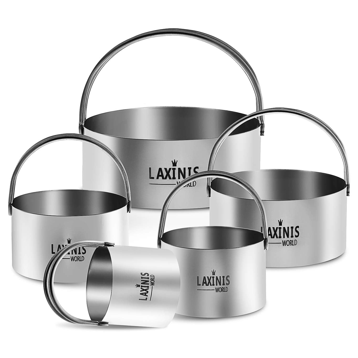 Laxinis World Biscuit Cutter Set, 5 Pieces Round Cookies Cutters With Handle, 18/8 Stainless Steel Graduated Circle Pastry And D