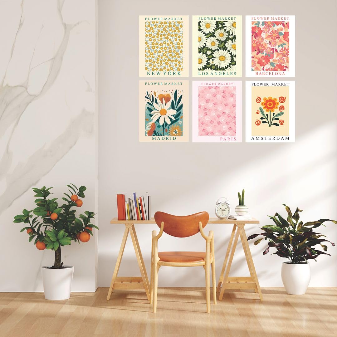 Cvanu Set Of 6 Beautiful Flower Market Botanical Design Printed Aesthetic Wall Art Collage Kit Posters With Glue Dot Tape For Ha