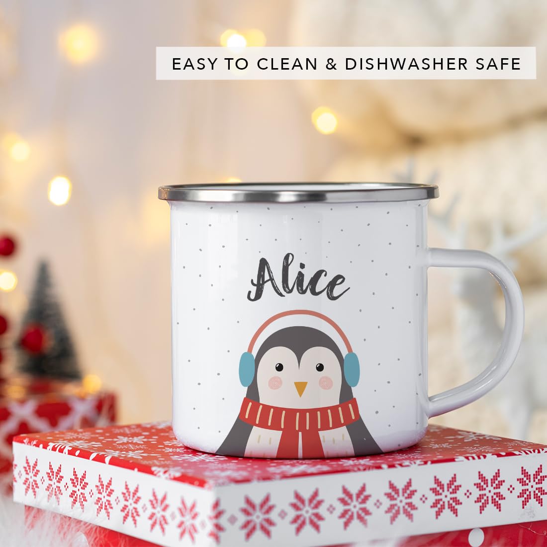 Andaz Press Personalized 11Oz. Christmas Hot Chocolate Stainless Steel Campfire Coffee Mug Gift, Penguin, 1-Pack, Custom Name En