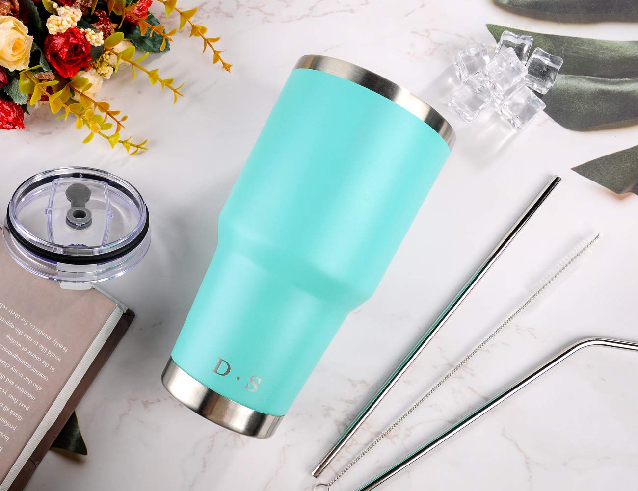 DS 30oz Mint Tumbler Stainless Steel Double Wall Vacuum Insulated Mug with Straw and Lid, Cleaning Brush for Cold and Hot Bevera