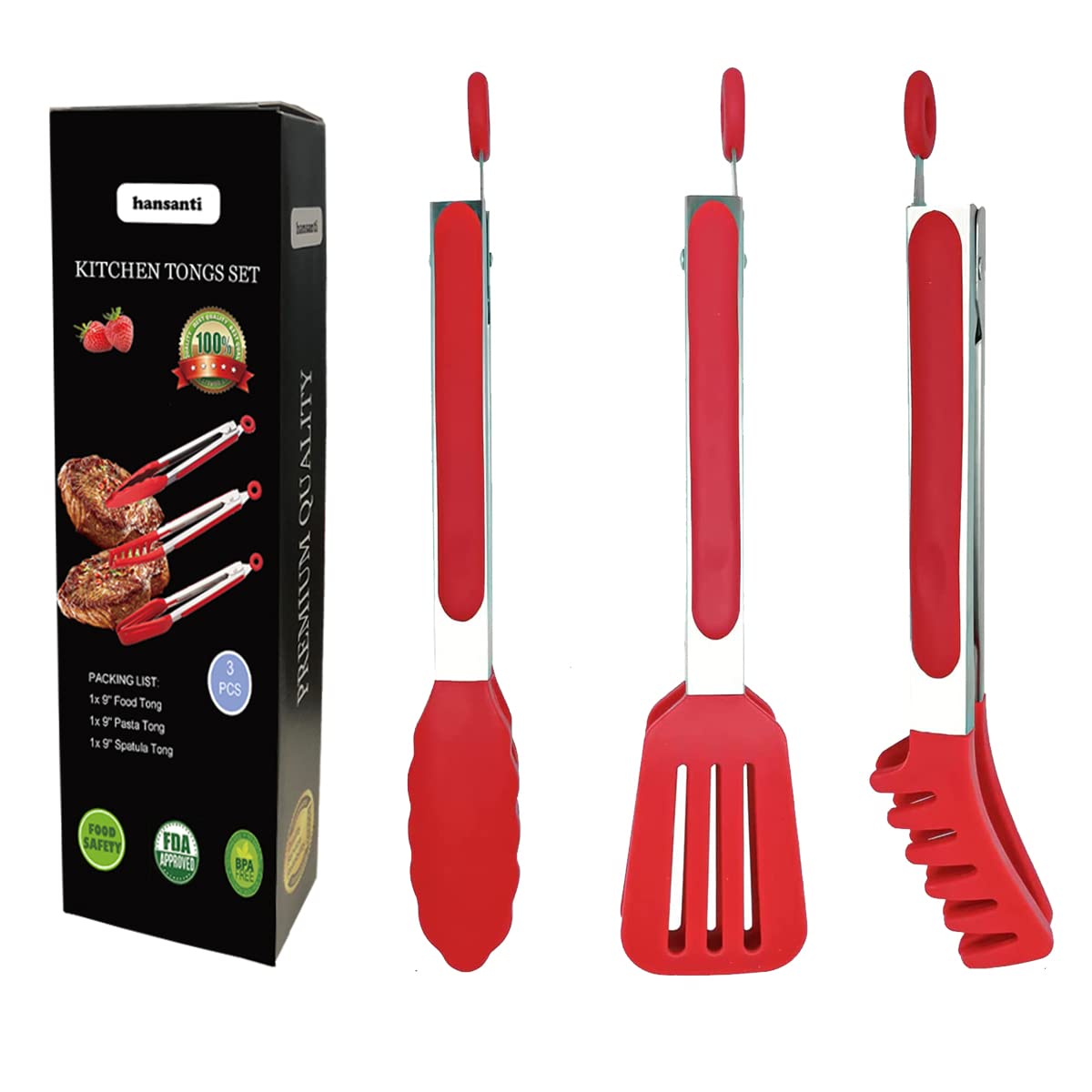 3In1 Silicone Kitchen Cooking Tongs Set, Stainless Steel Nonstick Food Tong With Bpa Free Silicone Tips For Serving Spaghetti St