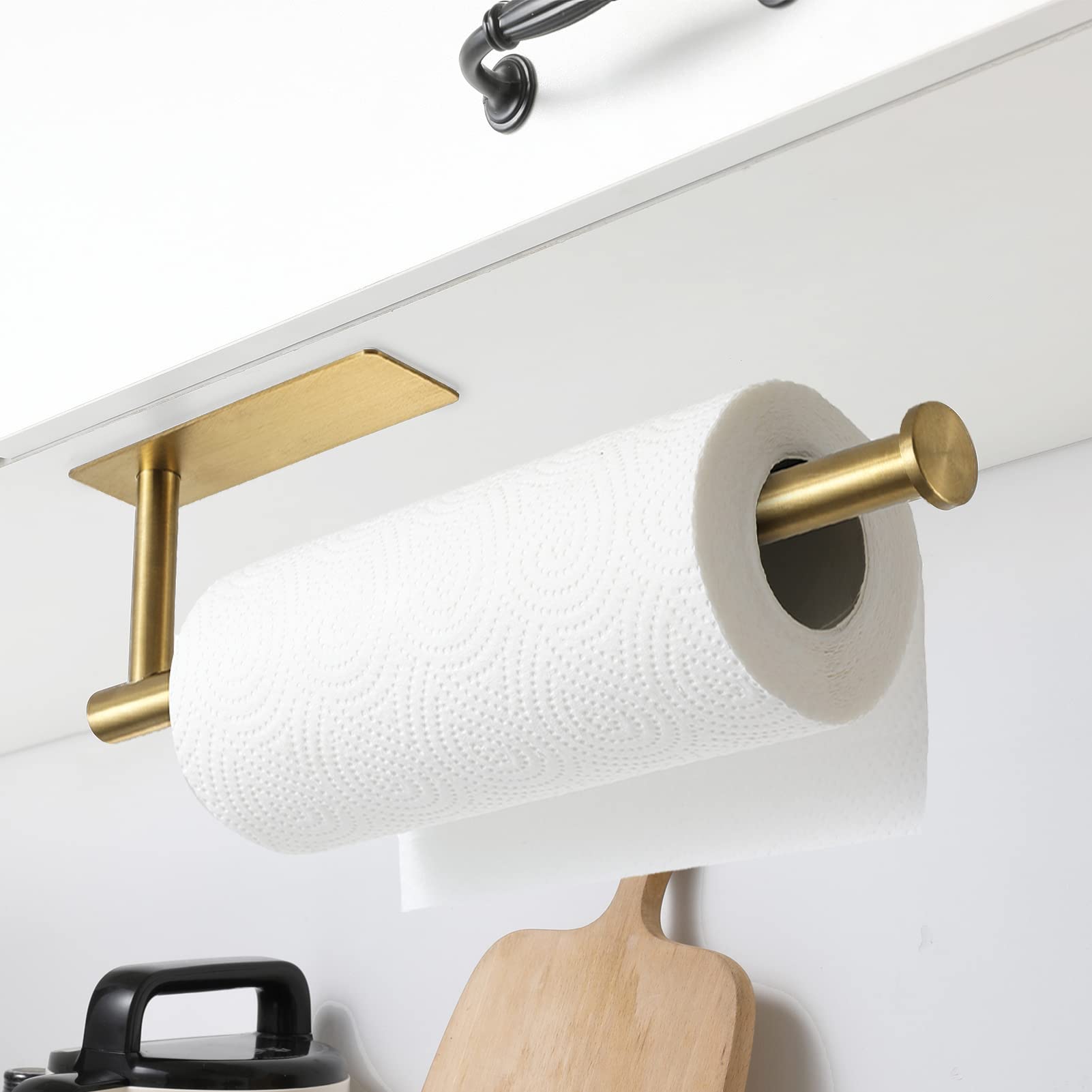 theaoo Gold Paper Towel Holder, Wall Mounted SUS304 Stainless Steel Rack, Adhesive Under Cabinet, Matte Black, Model zjj-001