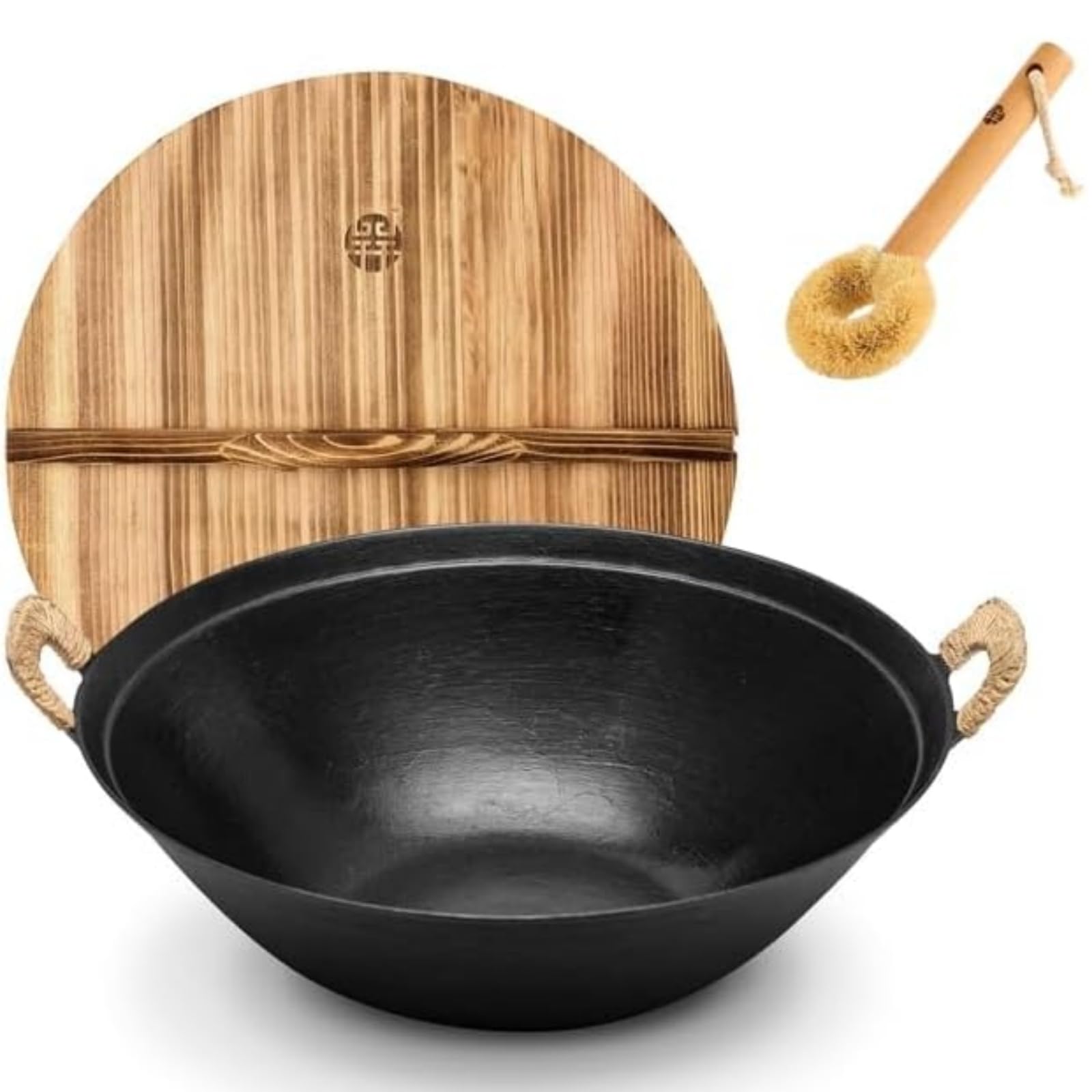 WANGYUANJI 14.2 Cast Iron Wok with Lid, Dual Handles - Flat Bottom Chinese Stir Fry Pan for Induction & Gas Stoves - Traditional